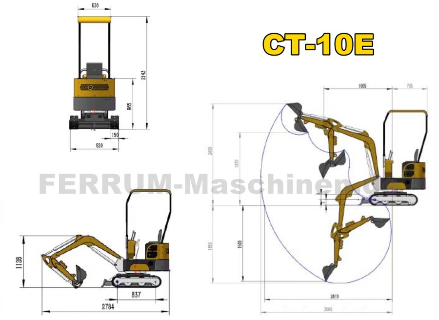 Minibagger kaufen - CT-10E technische Übersichtszeichnung