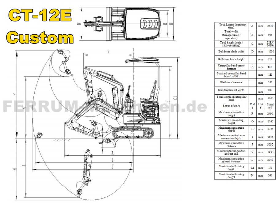 Minibagger kaufen - CT-12E technische Übersichtszeichnung Minibagger kaufen - CT-12E technische Übersichtszeichnung