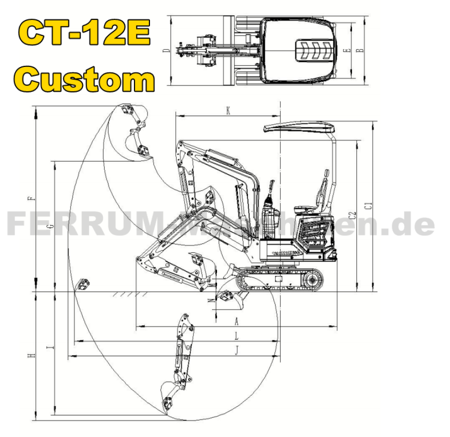 Minibagger kaufen - CT-12E technische Übersichtszeichnung
